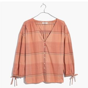 Madewell Morningview Tie-Sleeve Shirt in Peach Plaid
